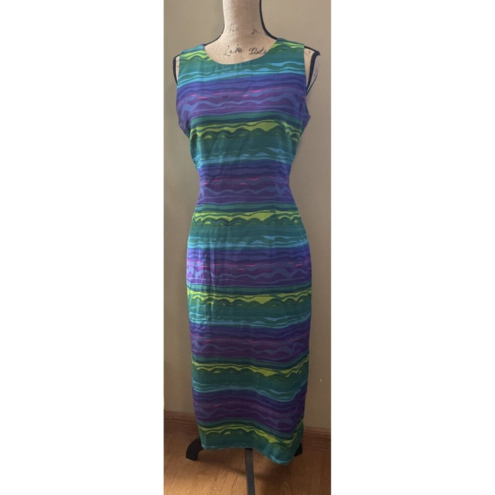Spenser James Shift Dress Blue Green Striped Wedding Stretch Womens Size 10